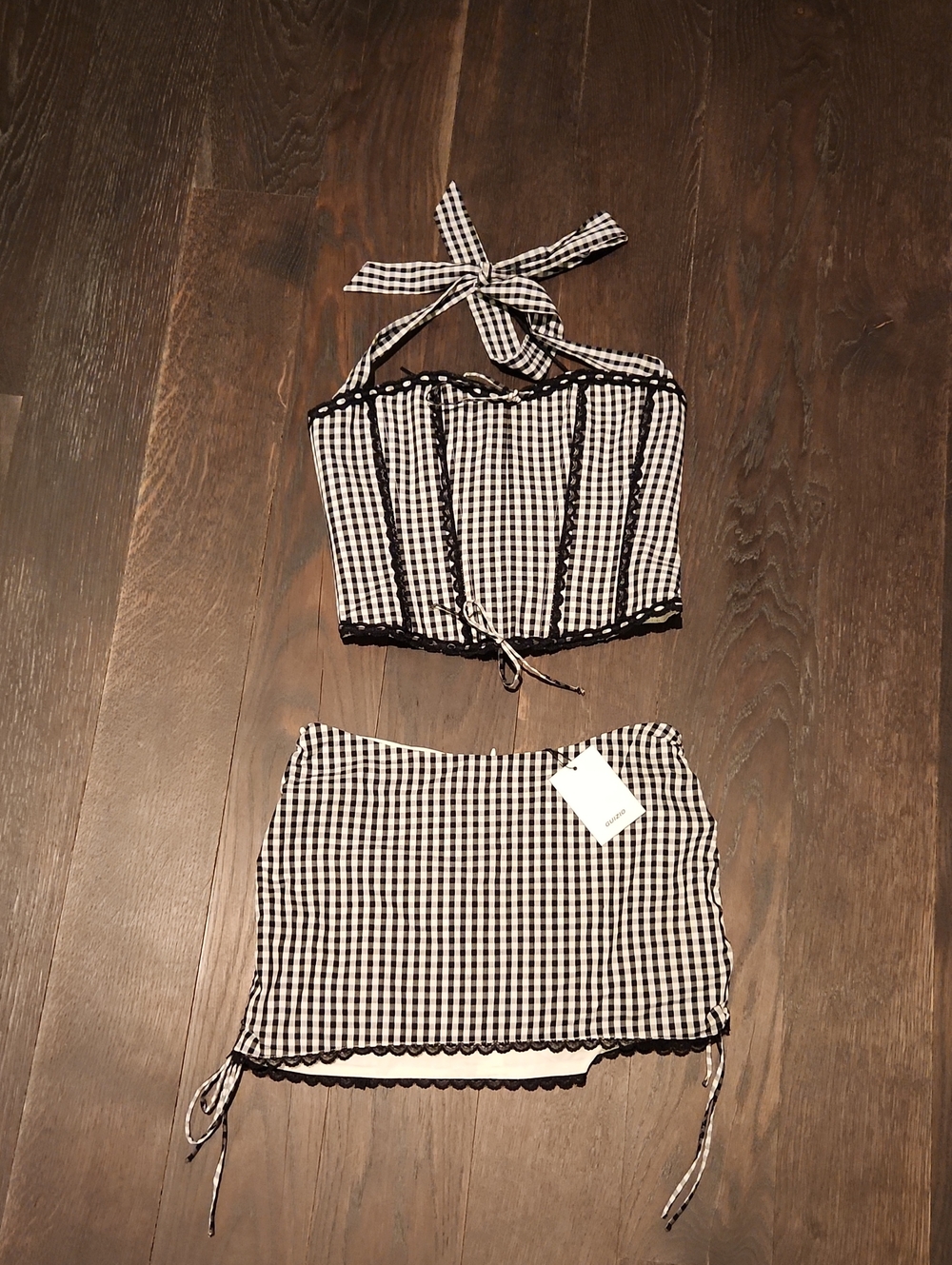 Guizio Gingham Ruched Side Tie Mini Skirt And Matching Halter Corset Top SET